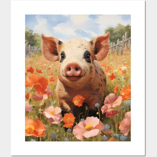 Retro Vintage Cute Pig in Field - Charming Artwork for Pig Lovers Posters and Art